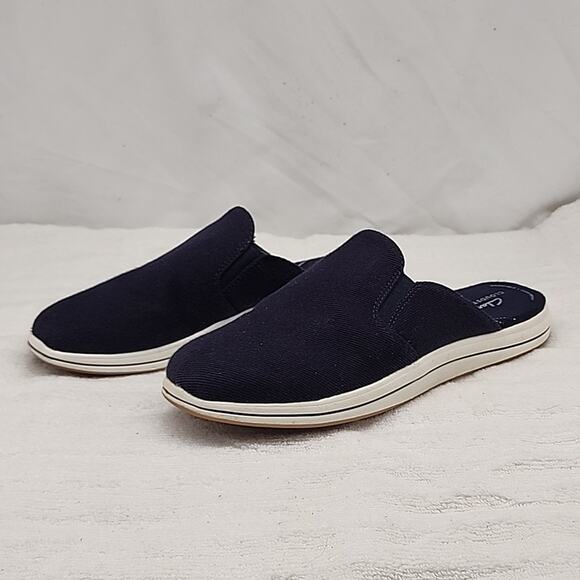 CLARKS BREEZE SHORE MULES DENIM BLUE LADIES SIZE 10 GUC - Picture 1 of 16